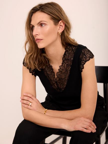 Mint Velvet Lace Detail Top, Black - view 2, Black