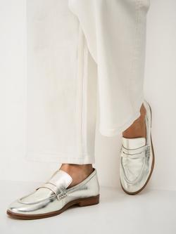 Crew Clothing Metallic Leather Loafers, Silver Silver - view 2, Silver Silver