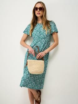 Crew Clothing Jenna Floral Midi Dress Containing LENZING™ ECOVERO™ Viscose, Emerald Green, Emerald Green