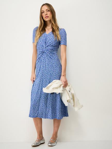Crew Clothing Flora Twist Front Dress Containing LENZING™ ECOVERO™ Viscose, Dark Blue, Dark Blue