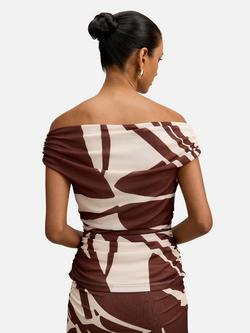 Forever New Petite Mimi Bardot Top, Brown/Multi - view 2, Brown/Multi