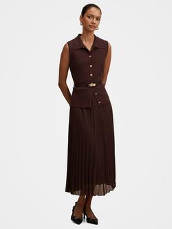 Forever New Petite Chelsea Pleated Mixed Midi Dress, Chocolate, Chocolate