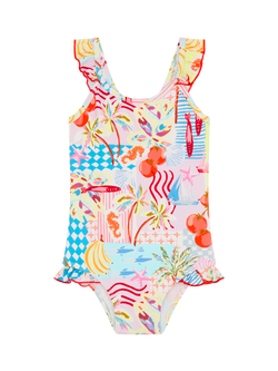 Angels by Accessorize Kids' Riviera Print Frill Swimsuit, Pastel/Multi, Pastel/Multi