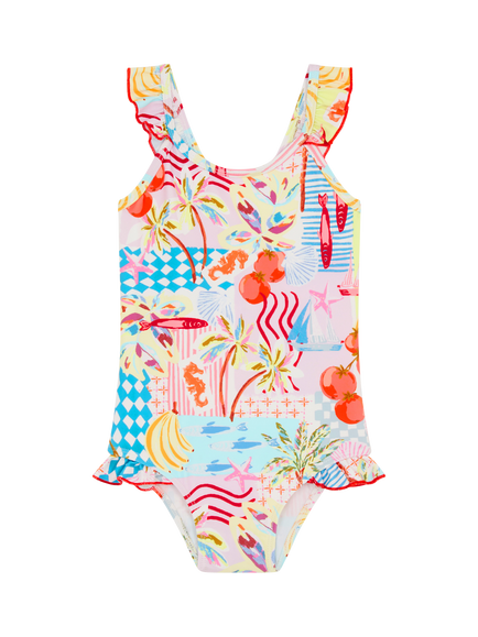 Angels by Accessorize Kids' Riviera Print Frill Swimsuit, Pastel/Multi, Pastel/Multi