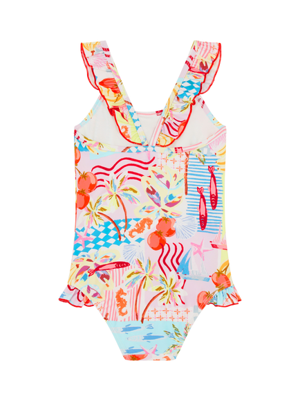 Angels by Accessorize Kids' Riviera Print Frill Swimsuit, Pastel/Multi - view 2, Pastel/Multi