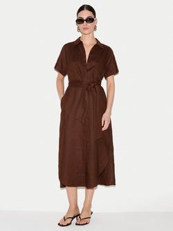 Jigsaw Pure Linen Shirt Midi Dress, Brown