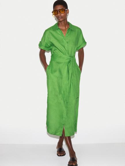 Jigsaw Pure Linen Shirt Midi Dress, Green