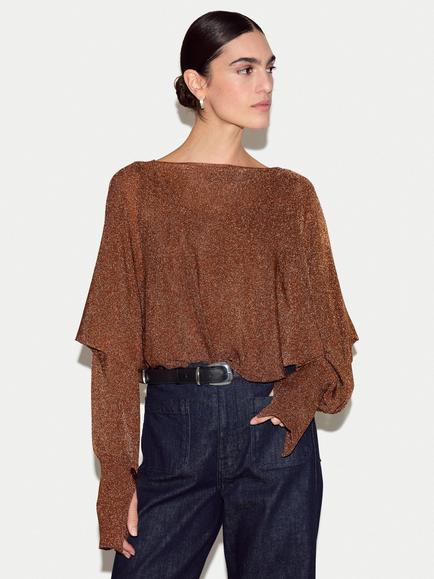 Jigsaw Boat Neck Metallic Poncho, Bronze, Bronze