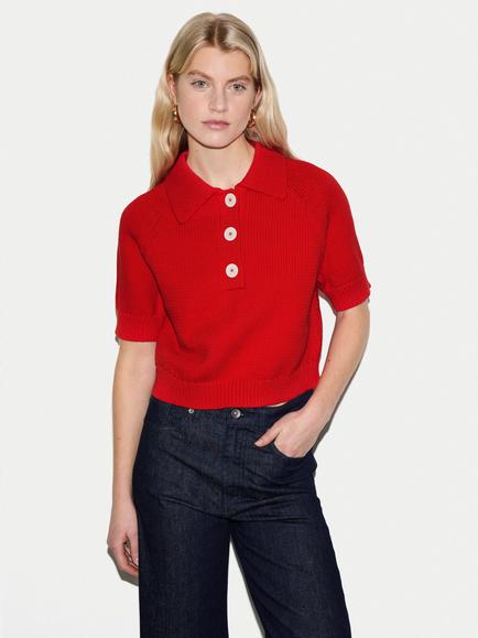 Jigsaw Collared Chunky Knit Top, Red