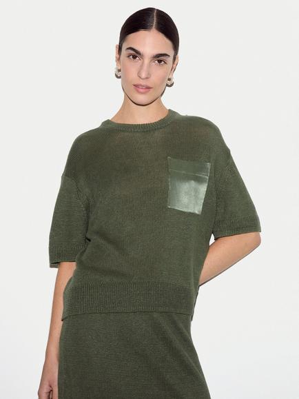 Jigsaw Linen and Silk Pocket T-Shirt, Green