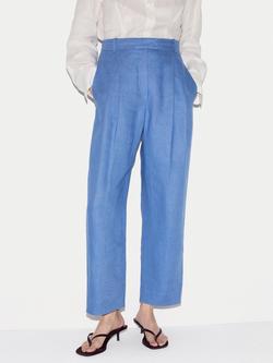 Jigsaw Pleated Tapered Pure Linen Trousers, Blue