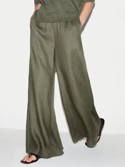 Jigsaw Pure Linen Palazzo Trousers, Khaki