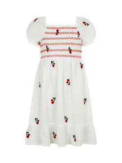 Angels by Accessorize Kids' Embroidered Cherries Smocked Dress, White, White