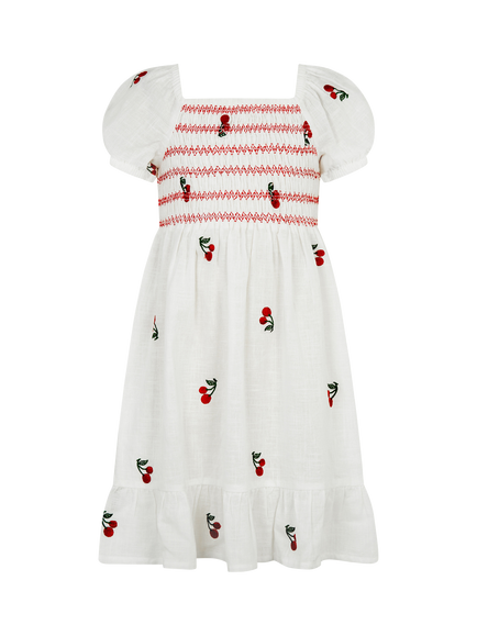 Angels by Accessorize Kids' Embroidered Cherries Smocked Dress, White, White