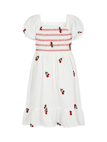 Angels by Accessorize Kids' Embroidered Cherries Smocked Dress, White - view 2, White