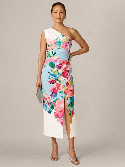 Adrianna Papell Petite One Shoulder Floral Midi Dress, Blue/Multi, Blue/Multi