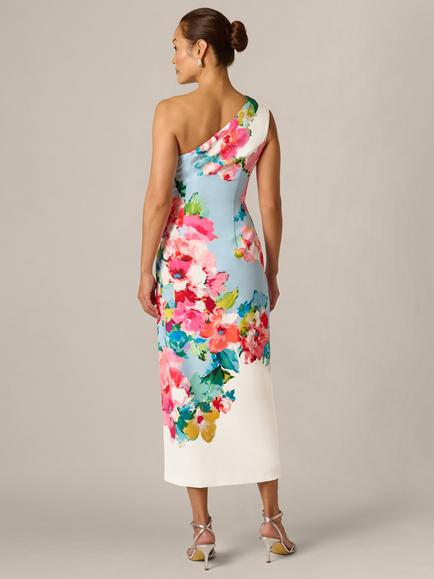 Adrianna Papell Petite One Shoulder Floral Midi Dress, Blue/Multi - view 2, Blue/Multi