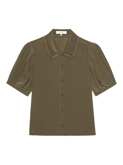 FRAME The Silk Prim Short Sleeve Blouse, Green, Green