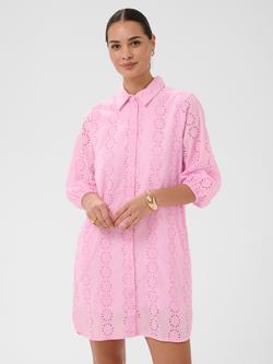 KAFFE Adona Embroidered Knee Length Shirt Dress, Pink Frosting