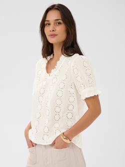 KAFFE Ruffle Neck Eyelet Top, White, White