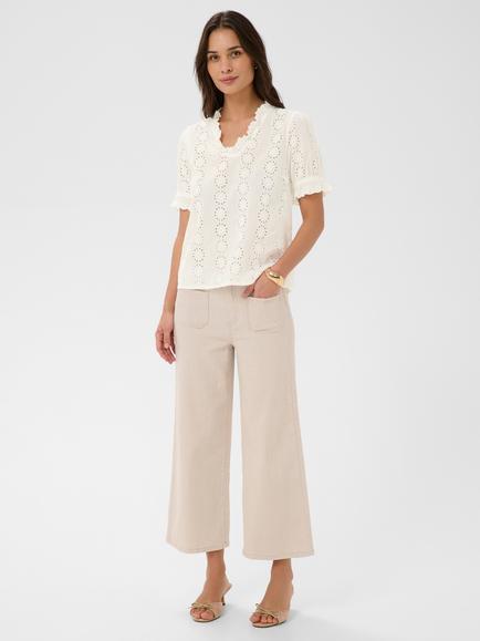 KAFFE Ruffle Neck Eyelet Top, White - view 2, White