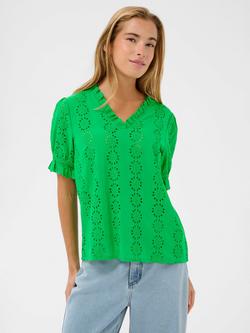 KAFFE Ruffle Neck Eyelet Top, Bright Green, Bright Green