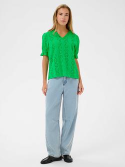 KAFFE Ruffle Neck Eyelet Top, Bright Green - view 2, Bright Green
