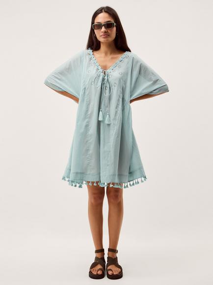 Monsoon Astrid Tassel Embellished Mini Cotton Kaftan, Aqua, Aqua