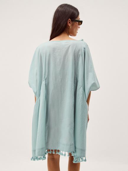 Monsoon Astrid Tassel Embellished Mini Cotton Kaftan, Aqua - view 2, Aqua