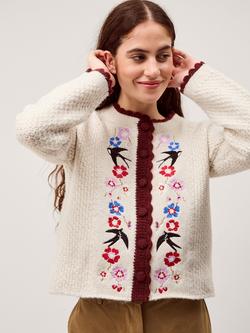 Monsoon Etta Embroidered Floral Scallop Cardigan, Ivory, Ivory