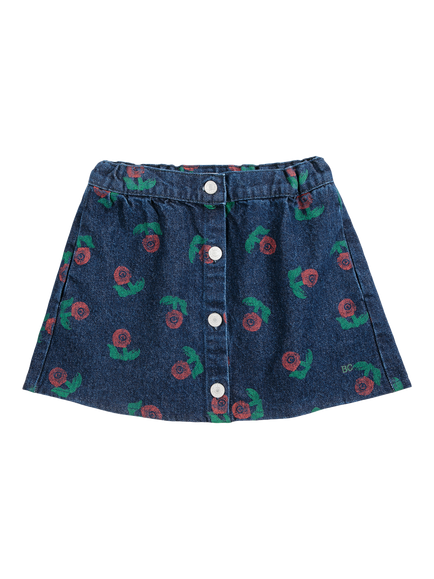 Bobo Choses Kids' Stamp Bloom Floral Denim Skirt, Blue Denim - view 2, Blue Denim