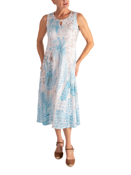chesca Tropical Dawn Sleeveless Dress, Sand/Sky, Sand/Sky