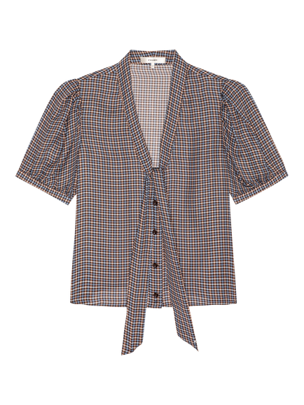 FRAME The Sonnet Short Sleeve Tie Neck Check Silk Blouse, Brown/Blue/Cream, Brown/Blue/Cream