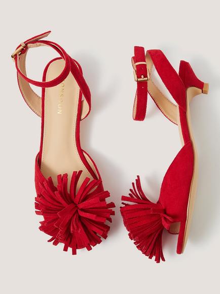 Monsoon Poppy Pom Pom Kitten Heel Sandals, Red - view 2, Red