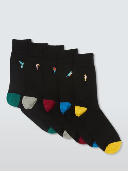 John Lewis Cotton Rich Embroidered Bird Socks, Pack of 5, Black, Black