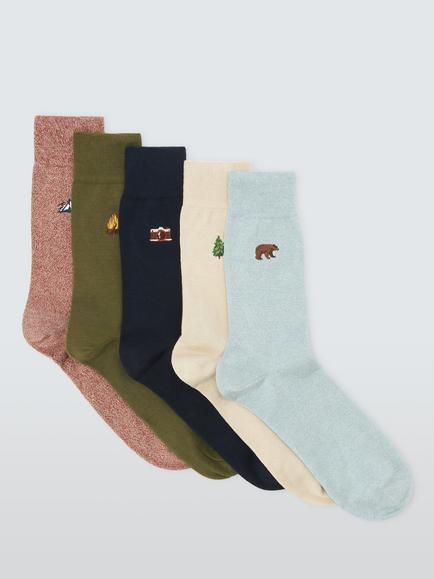 John Lewis Cotton Rich Embroidered Camping Socks, Pack of 5, Multi, Multi