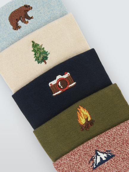 John Lewis Cotton Rich Embroidered Camping Socks, Pack of 5, Multi - view 2, Multi