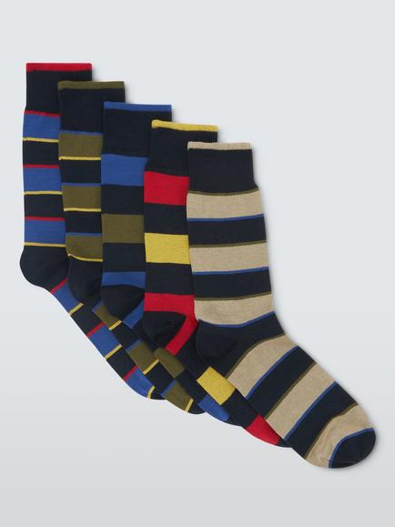 John Lewis Cotton Rich Preppy Stripe Socks, Pack of 5, Multi, Multi