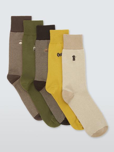 John Lewis Cotton Rich Embroidered Coffee Socks, Pack of 5, Multi, Multi