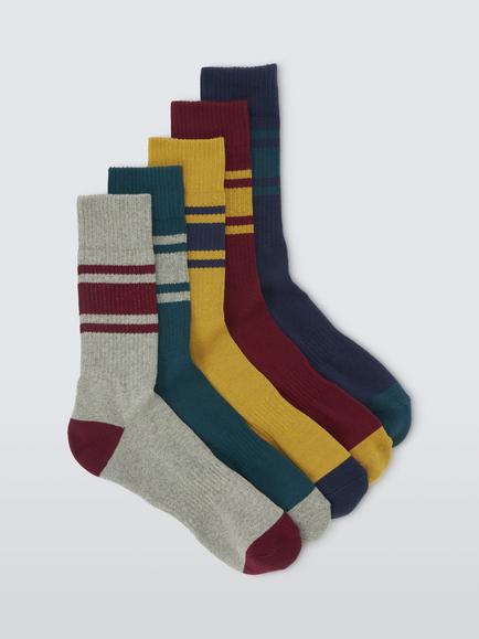 John Lewis Cotton Rich Collegiate Tube Stripe Socks, Pack of 5, Multi, Multi