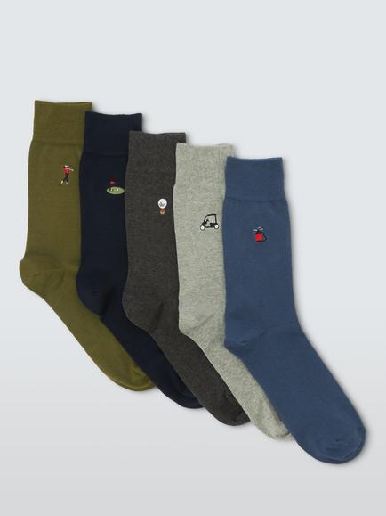 John Lewis Cotton Rich Embroidered Golf Socks, Pack of 5, Multi, Multi
