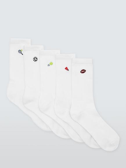John Lewis Cotton Rich Embroidered Sports Socks, Pack of 5, White, White