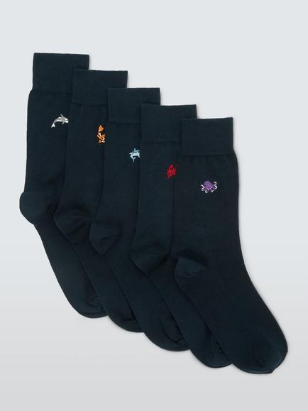 John Lewis Cotton Rich Embroidered Sea Creatures Socks, Pack of 5, Navy, Navy