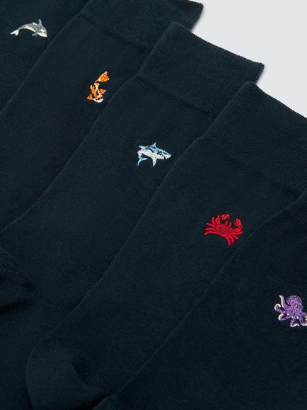 John Lewis Cotton Rich Embroidered Sea Creatures Socks, Pack of 5, Navy - view 2, Navy