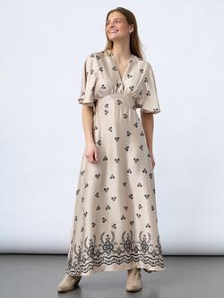 Sisters Point Gisela V-Neck Embroidered Maxi Dress, Champagne/Black, Champagne/Black