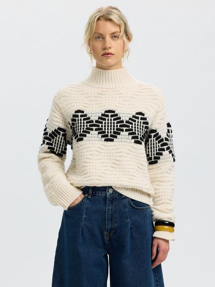Selected High Neck Diamond Knit Jumper, Cream/Black, Cream/Black