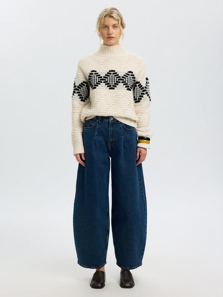 Selected High Neck Diamond Knit Jumper, Cream/Black - view 2, Cream/Black