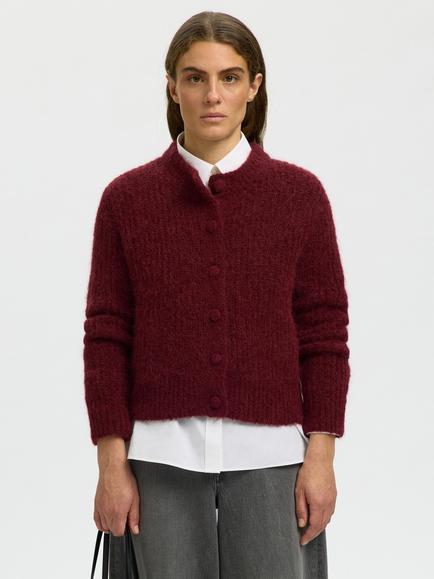 Selected Gabriella Ribbed Cardigan, Burgundy, Burgundy