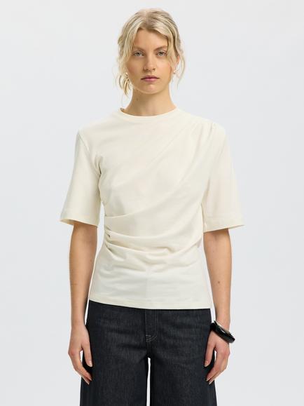 Selected Pure Cotton Short Sleeve Gathered T-Shirt, Cream, Cream
