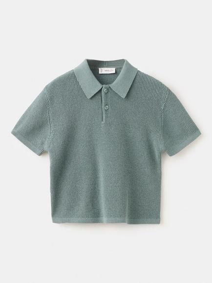 Mango Kids' Knitted Short Sleeve Polo Top, Moss, Moss
